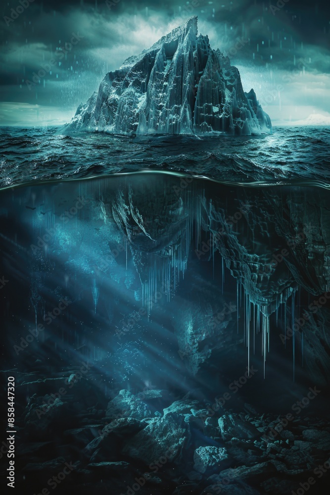 Poster a massive iceberg floats in the open ocean, surrounded by water and potential danger