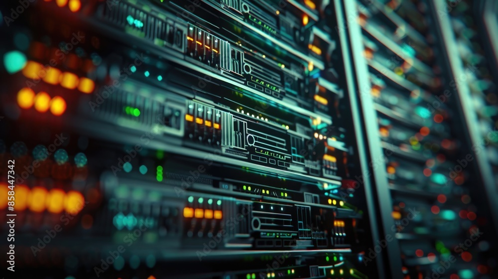 Poster A row of servers in a modern data center environment
