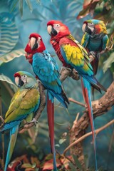 A group of vibrant parrots sitting on a branch, ready to take flight