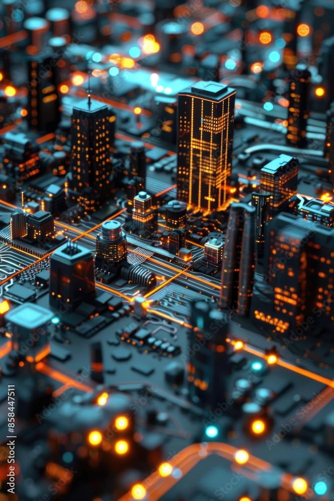 Poster a nighttime view of a city with buildings and lights illuminated