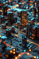 Obraz premium A nighttime view of a city with buildings and lights illuminated