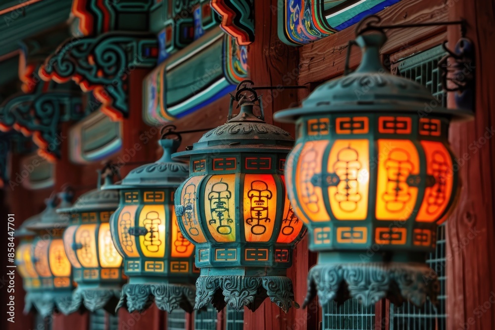 Poster A row of lanterns hangs from the side of a building, providing soft lighting