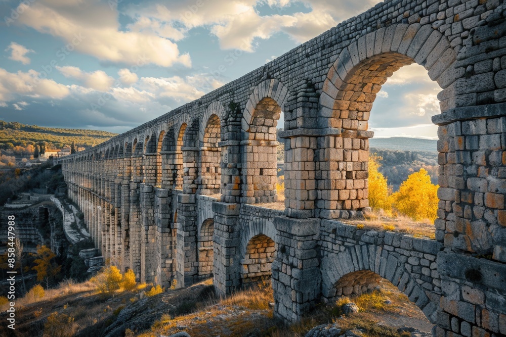 Poster a stone bridge with arches spanning across a valley, providing a scenic view