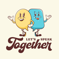 Vector Talk Language Learning Group of Characters Illustration. Groovy Cartoon Speech Bubbles Conversation Chat Message Personage Poster Isolated