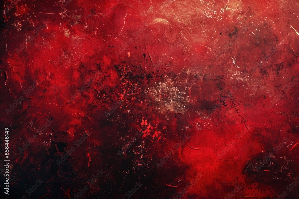 Poster close-up view of a vibrant red and black abstract painting with textured brushstrokes