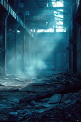 A worn-out building with debris and destruction inside, can be used for scenes from movies, books or video games