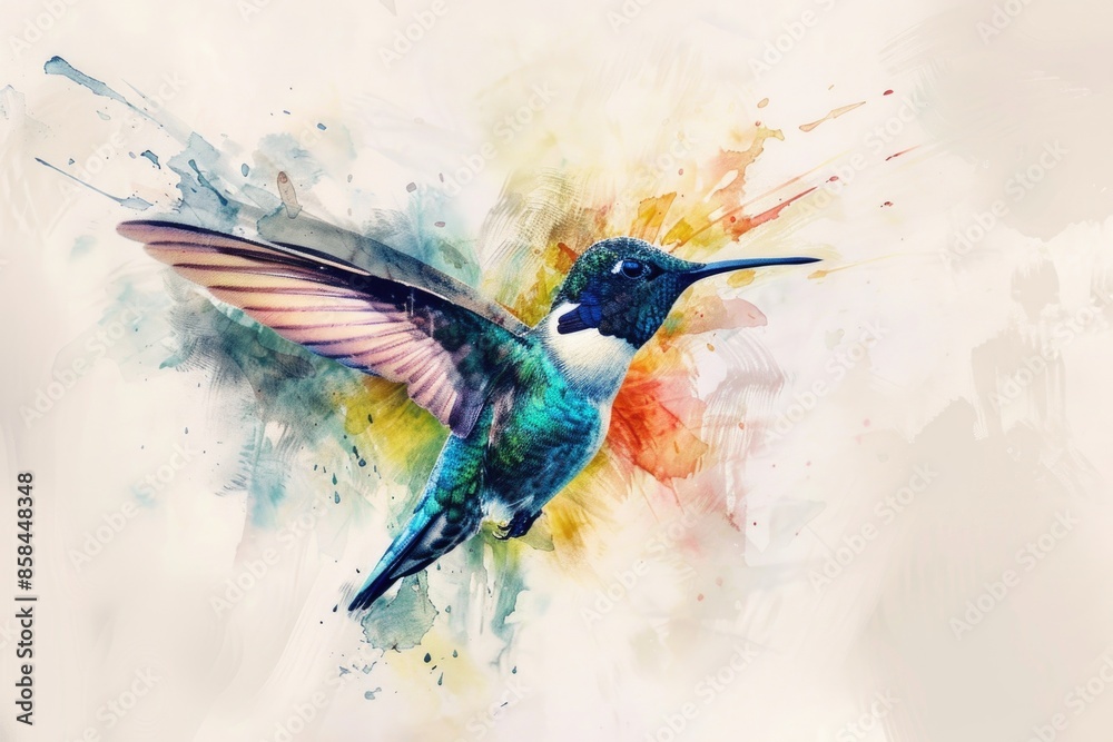 Poster a vibrant hummingbird soaring through the air with iridescent feathers and outstretched wings