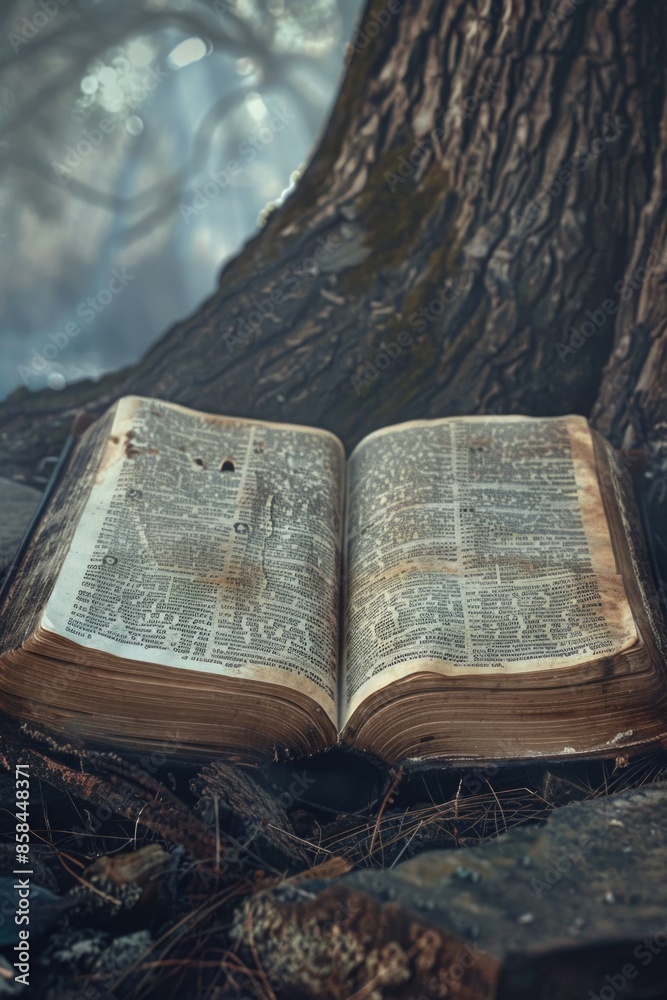Poster a person's belongings left beside a tree with an open book lying on the grass