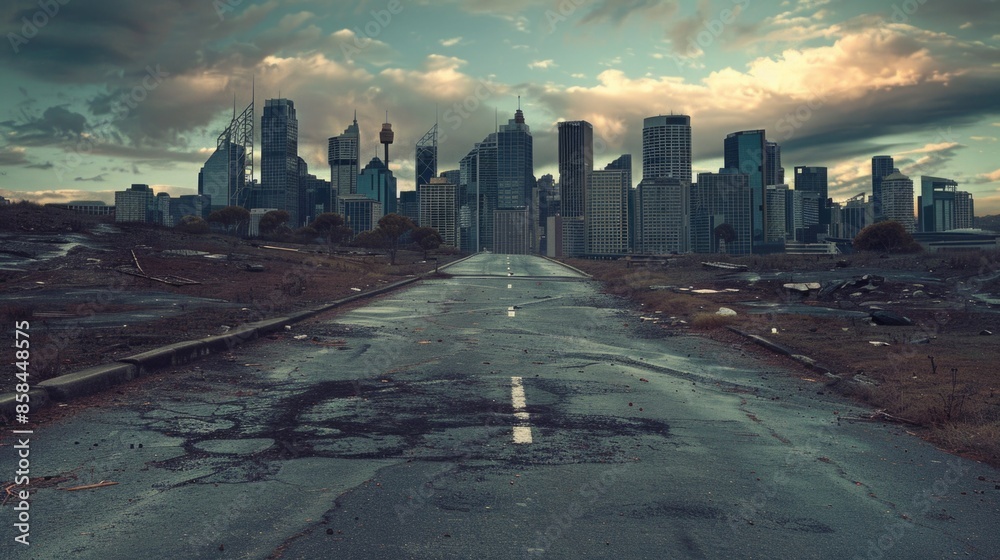 Poster empty road with a city skyline in the background, suitable for use as a placeholder or to represent 
