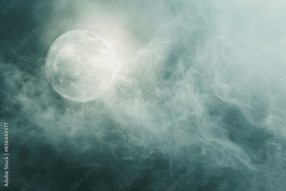 Poster an airplane flies through a cloudy sky with the full moon as a backdrop, offering a serene and peace