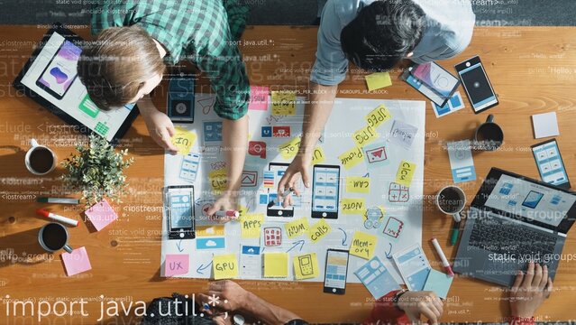 Top down view of software developer using mind map brainstorm about coding engineering prompt. Top aerial view of project manager design Ux Ui design with hologram of programing system. Convocation.