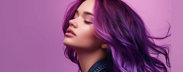 A woman with purple hair is sitting on a purple background. Concept of relaxation and comfort, as the woman is at ease in her purple surroundings.