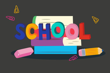 Back to school, college, education, study concept. Set of school supplies. Children's cute stationery subjects. Flat vector illustration