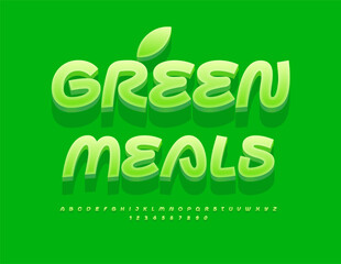 Vector healthy signboard Green Meals. Creative Green Font. Modern 3D Alphabet Letters and Numbers set. 