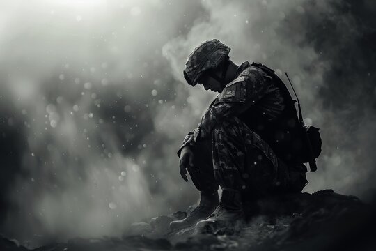 Silhouetted soldier seated on a rock amidst smoke and debris, representing the solitude and severity of combat-related PTSD, post traumatic stress disorder awareness day