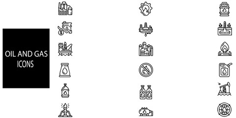 Oil and gas concept 24 icons set. Containing gas cylinder, jerrycan, valve, oil tank, storage tank, pipe, petroleum, factory, refinery, truck and more .Vector illustration.