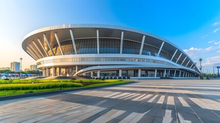 Modern football stadium with views from the outside. Football stadium arena for professional match with modern building
