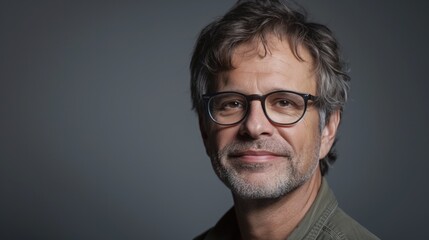 Obraz premium A man wearing glasses, smiling softly, with grey hair and a beard
