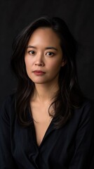 A portrait of a young woman with long black hair, wearing a black shirt against a dark background