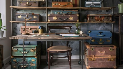 Naklejka premium creative workspace with a desk constructed from vintage suitcases