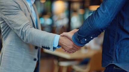 Two business man shaking hands over table in cafe.