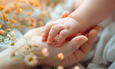Newborn Baby Hand Held by Mother in Gentle Close-Up Surrounded by Flowers, Warm and Tender Bonding Moment Captured, Ideal for Parenting, Family Love, and Maternal Care Concepts