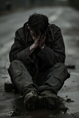 Post traumatic stress disorder awareness day. Man sitting on wet pavement, covering face with hands in rain, emotional distress visible. Man overwhelmed by emotional pain in stormy weather