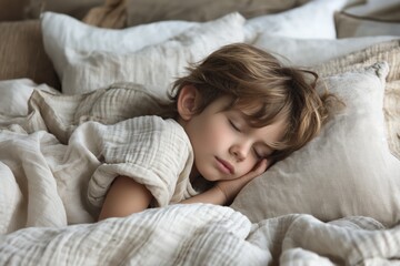 Image features a child resting under textured linen sheets, suggesting a quiet naptime in a softly lit room