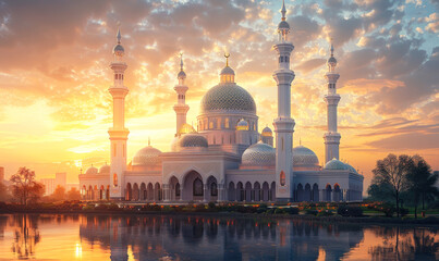Beautiful Sunrise Reflecting on Majestic Mosque with Towering Minarets and Serene Water Surroundings - Religious Architecture at Dawn Concept