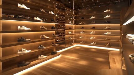 designer shoe store with LED lights embedded in shelves to cast a spotlight on each pair of shoes