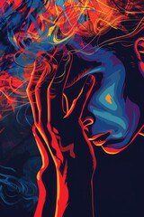 Vibrant and chaotic, this artwork uses intense colors and dynamic swirls to represent the complexity and intensity of thoughts and emotions associated with PTSD, post traumatic stress disorder