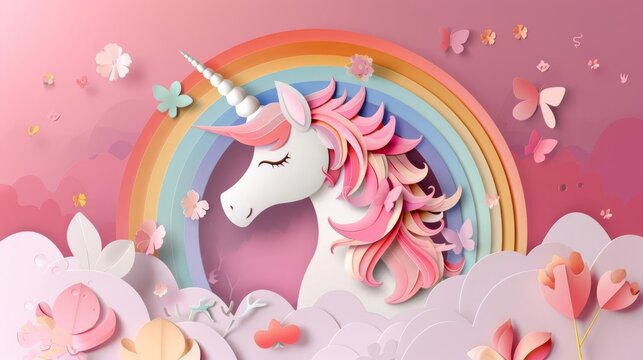 Exquisite paper art illustration of a unicorn with a central rainbow, ideal for Paid Month Day posters, featuring cinematic lighting and blank space for text