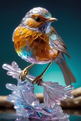 Crystal sculpture in the shape of a European robin on a crystal tree branch