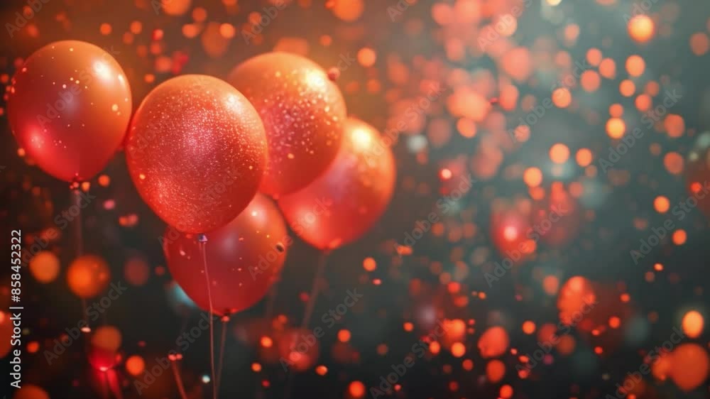 Poster A festive backdrop featuring several red balloons against a dark background with sparkling lights and confetti.