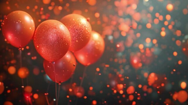 A festive backdrop featuring several red balloons against a dark background with sparkling lights and confetti.