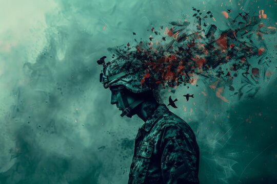 Profile of a soldier with a helmet, head transforming into a chaotic burst of red splatters and birds, symbolizing the violence and turmoil of PTSD, post traumatic stress disorder awareness day
