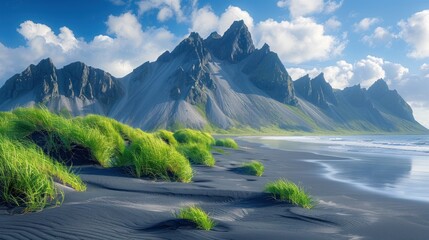 Black Sand Beach and Majestic Mountain Range