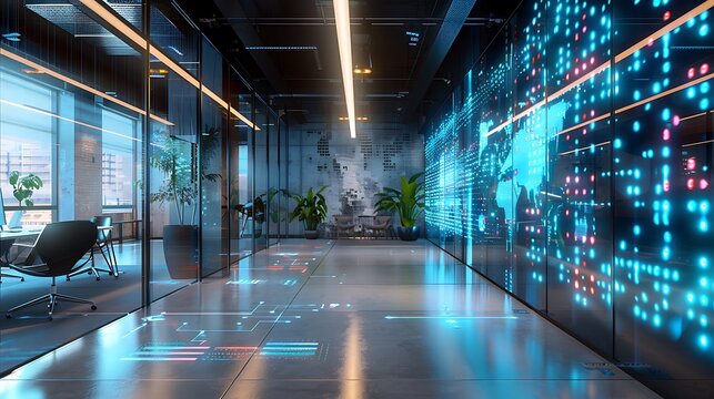 futuristic office space where walls and floors have embedded LED patterns that change based on company events or notifications
