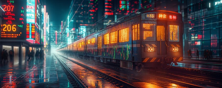 Moody subway train scene with digital stock market elements in a futuristic urban setting