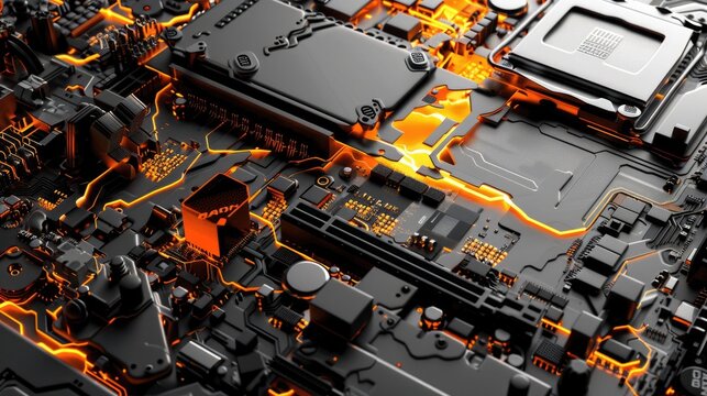 The image shows a close-up of a computer circuit board with a glowing orange light.