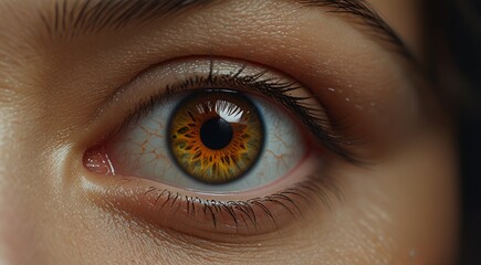 Fototapeta premium Close-up of a captivating human eye with a striking amber and green iris, showcasing intricate details and a reflective pupil, ideal for beauty, health, or conceptual designs.