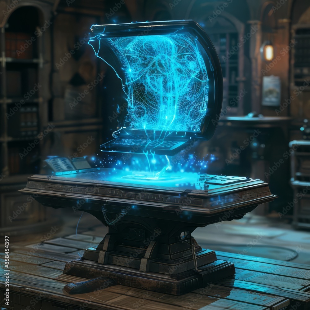 Poster arcane computer station with a levitating monitor and ethereal blue light emanations, crafted for th - Posters