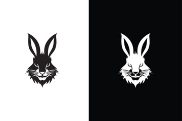 Black white side silhouette of a rabbit isolated on white black background.