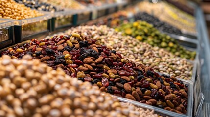 A supermarket display of assorted trail mix options