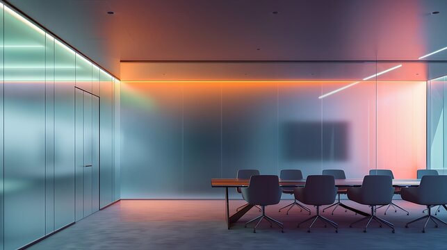 high-tech meeting room with frosted glass walls that become opaque at the flick of a switch