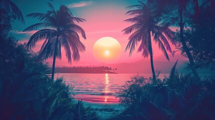 Tropical sunset beach with palm trees