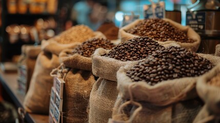 Rows of burlap coffee bean sacks in a supermarket