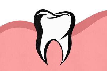 Stylized black silhouette of a tooth against a pink background