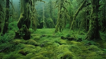 Fototapeta premium A serene hike through the moss-covered forests of the Hoh Rain Forest in Olympic National Park, Washington