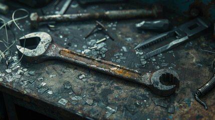 A rusty wrench is on a table with other tools